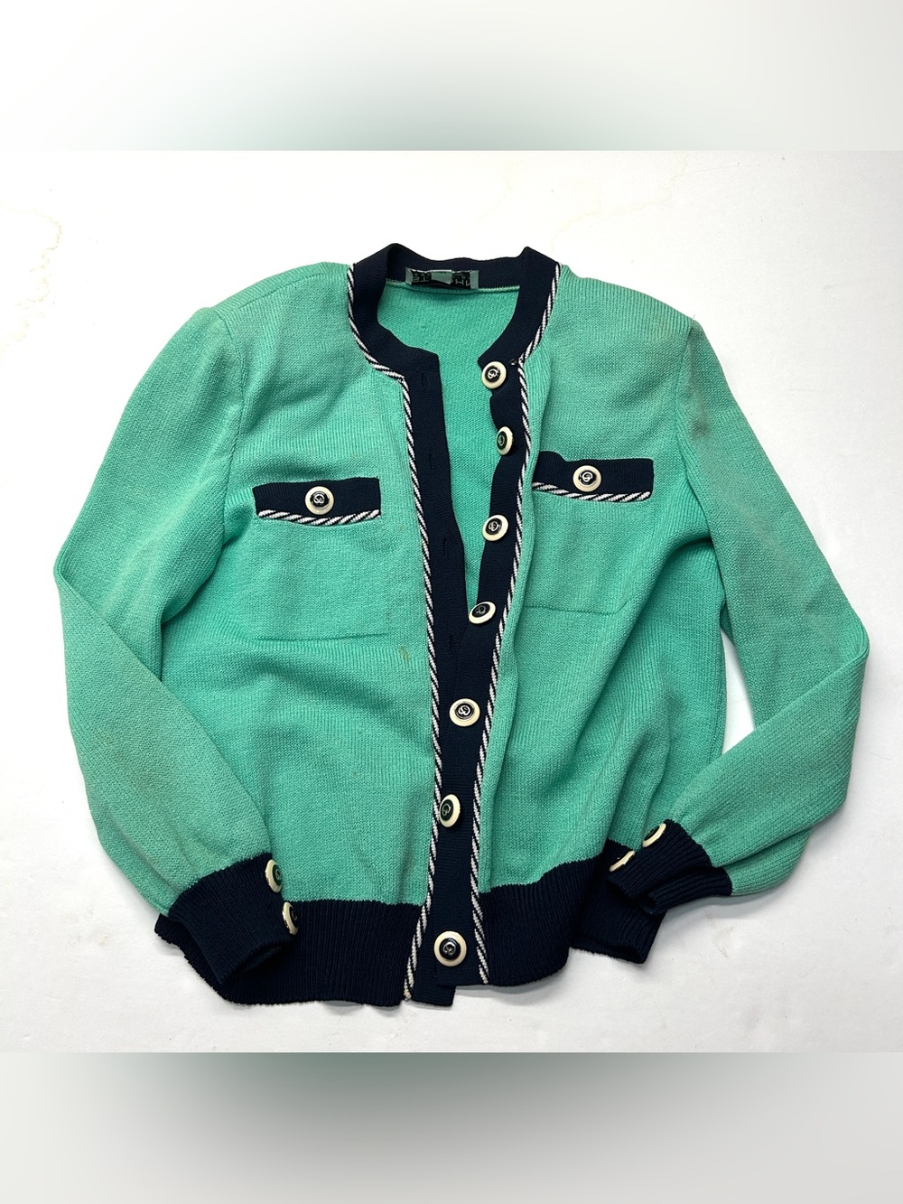 St. John Collection Marie Gray Cardigan Teal Knit Sweater Jacket Blazer Buttons